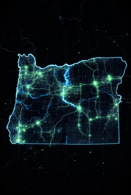 Map of Oregon and the Pacific Northwest showing Escape Tech's mobile escape room trailer service area